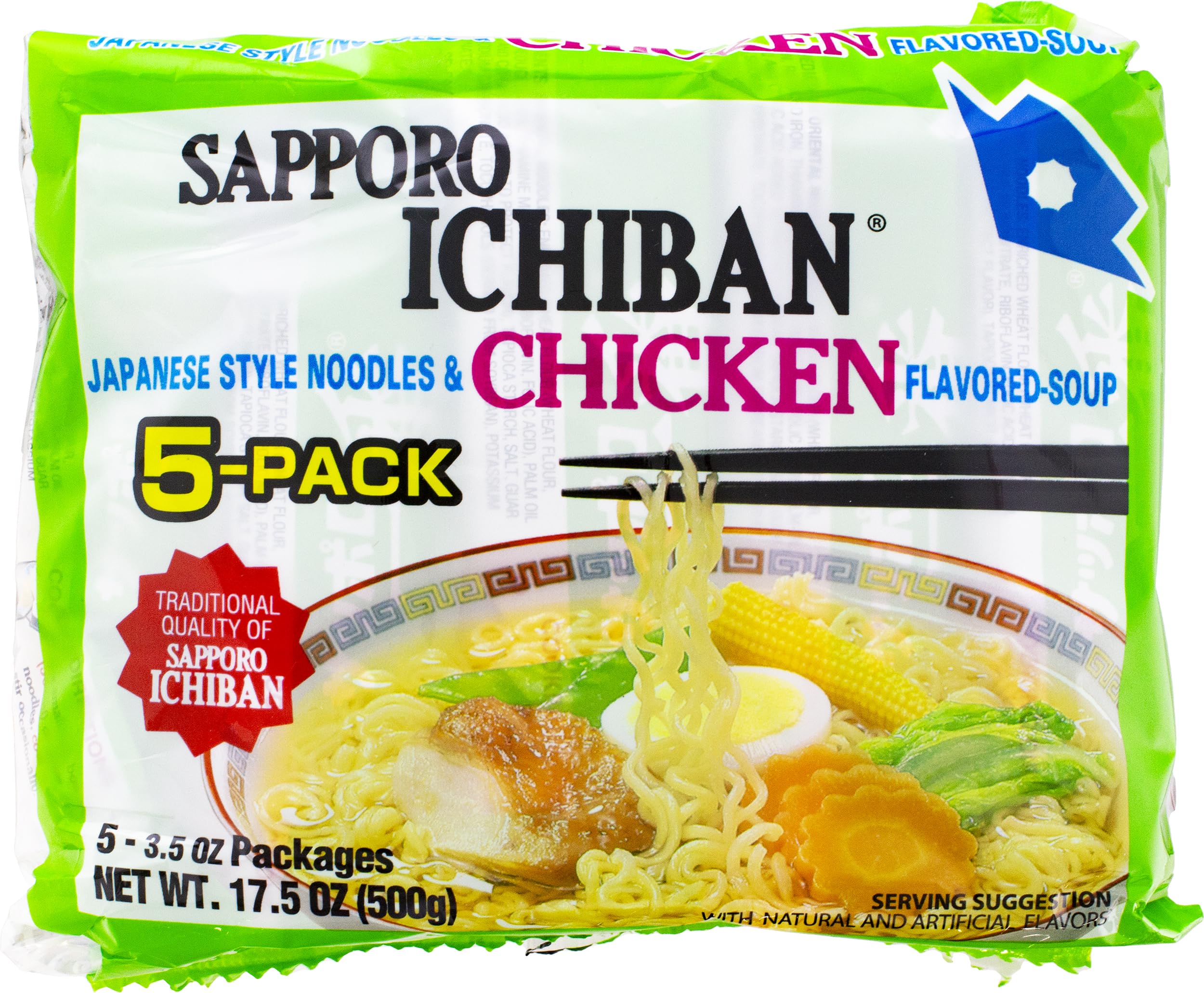 Package front of Sapporo Ichiban Chicken Flavored Noodle Soup for quick meals.