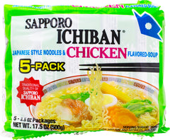 Package front of Sapporo Ichiban Chicken Flavored Noodle Soup for quick meals.
