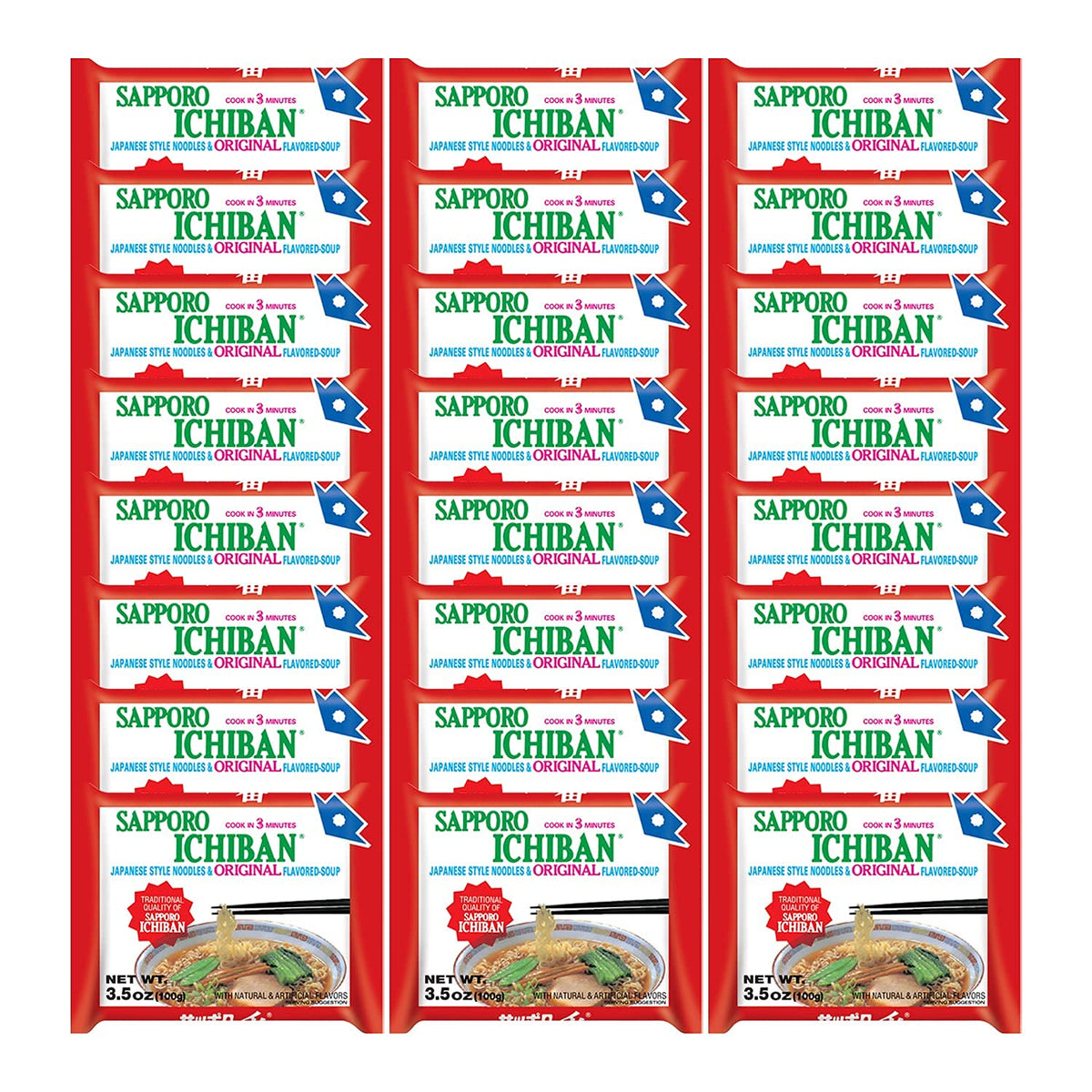 Sapporo Ichiban Original Soy Sauce ramen pack front view, quick meals