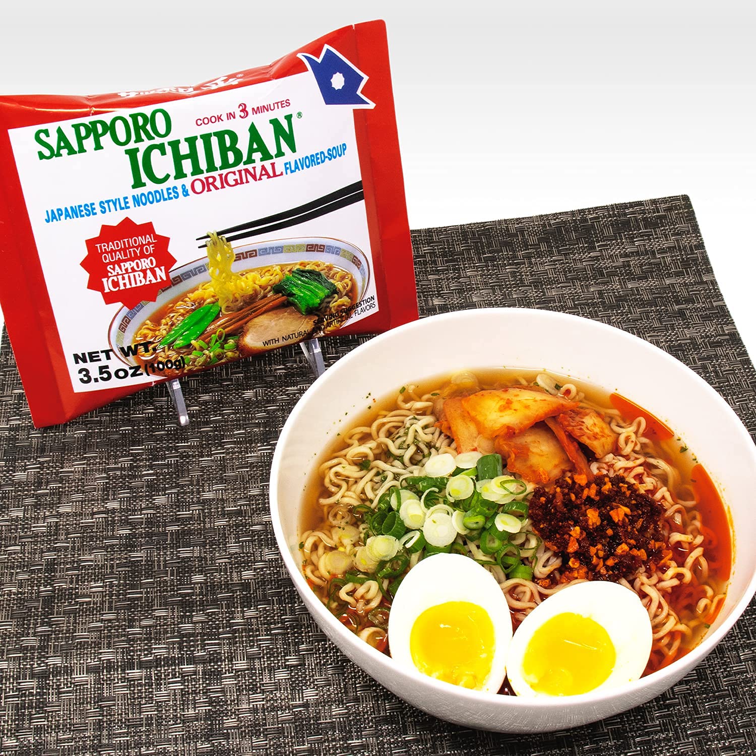 Table setting with a prepared bowl of Sapporo Ichiban ramen