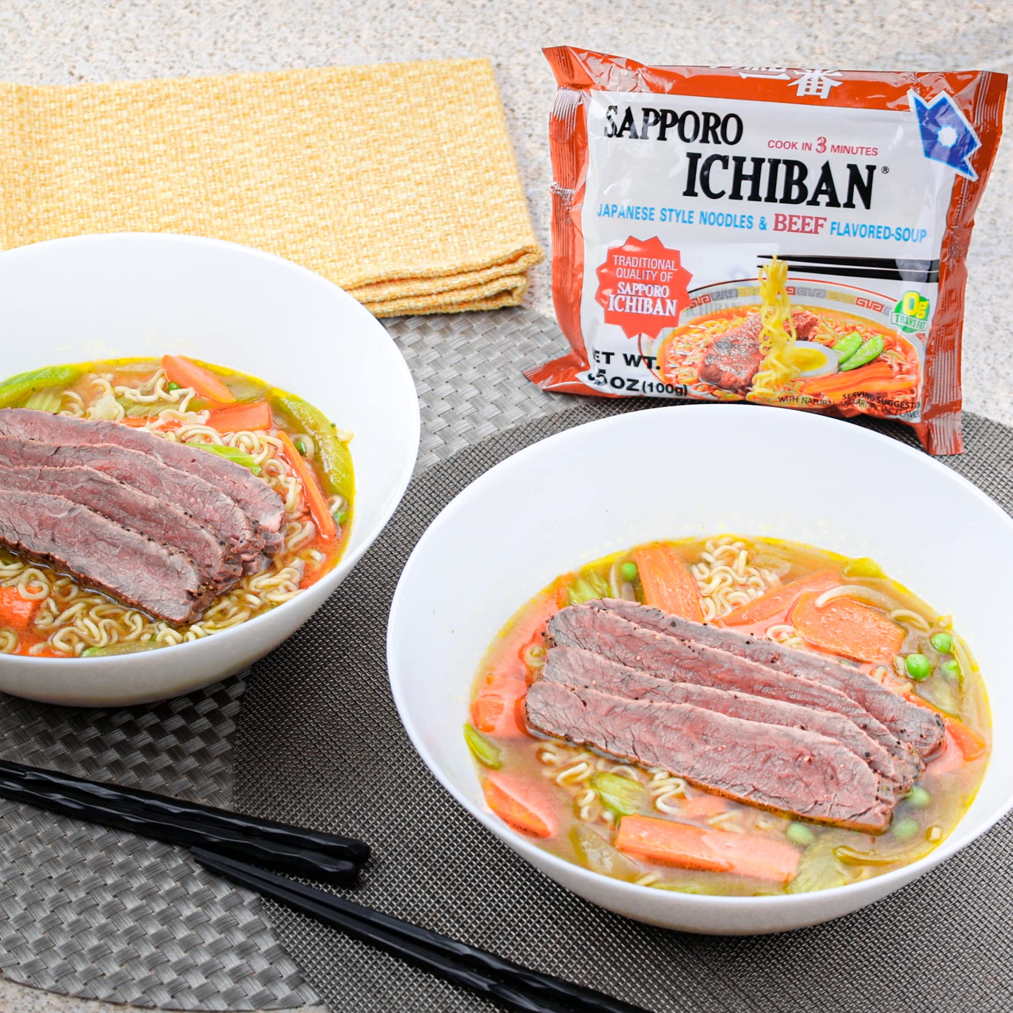 Serving Sapporo Ichiban beef ramen in a bowl for a comforting meal