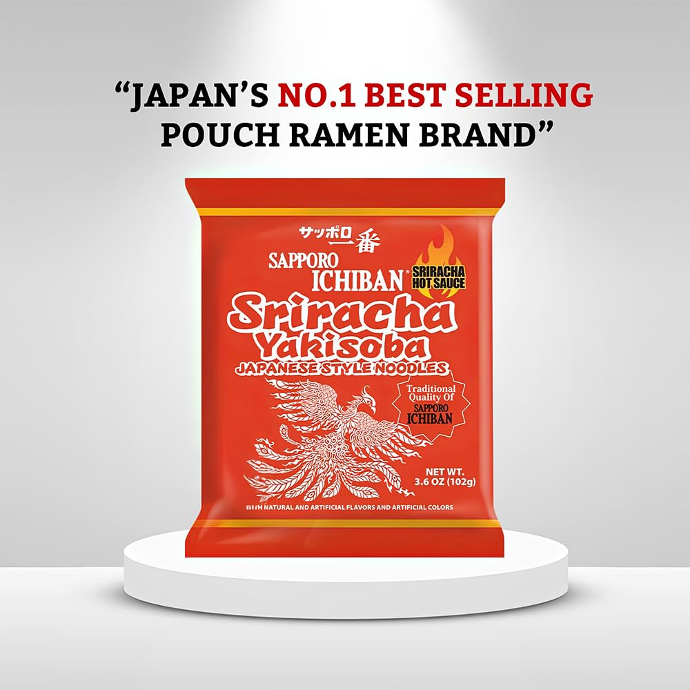 Close-up of Sapporo Ichiban Sriracha Yakisoba packaging