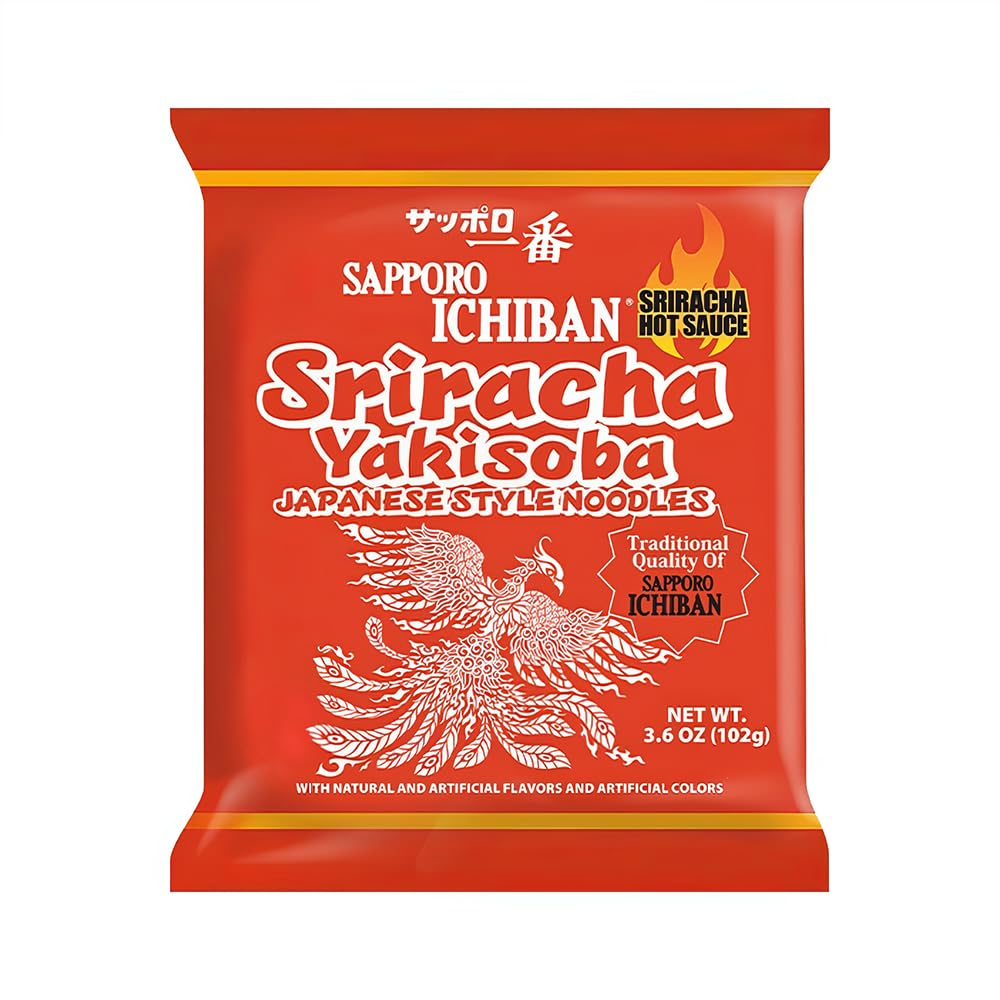 Open pack of Sapporo Ichiban Sriracha Yakisoba with noodles