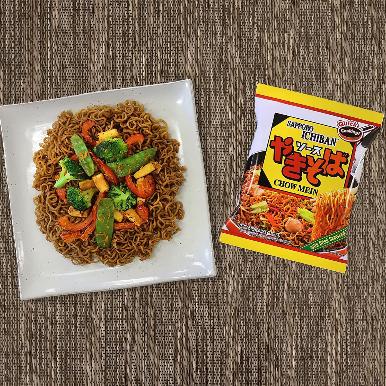 Close-up of Sapporo Ichiban Yakisoba noodles with glossy sauce.