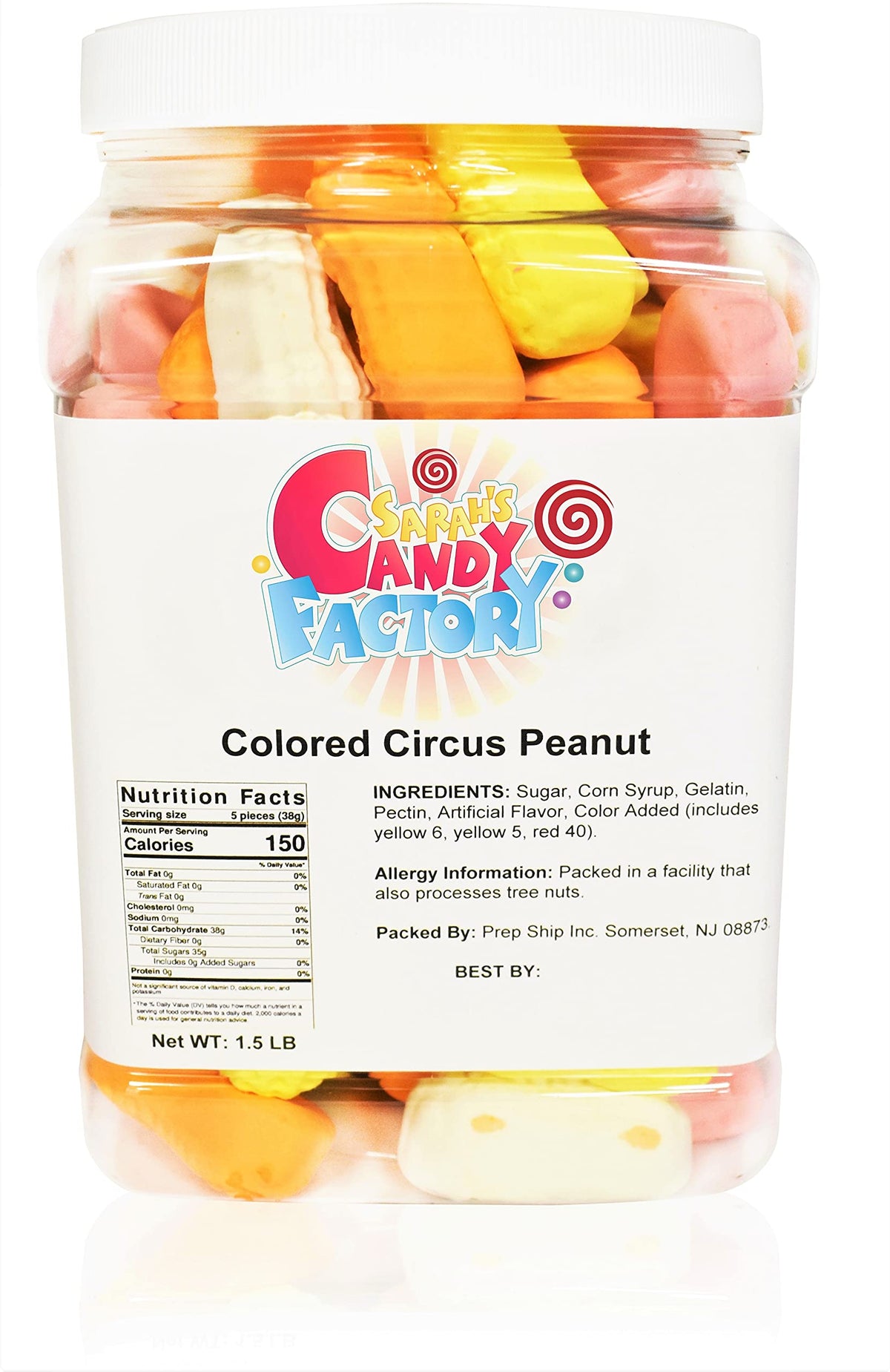 Sarah's Candy Factory assorted circus peanuts in a jar for convenient snacking and sharing.