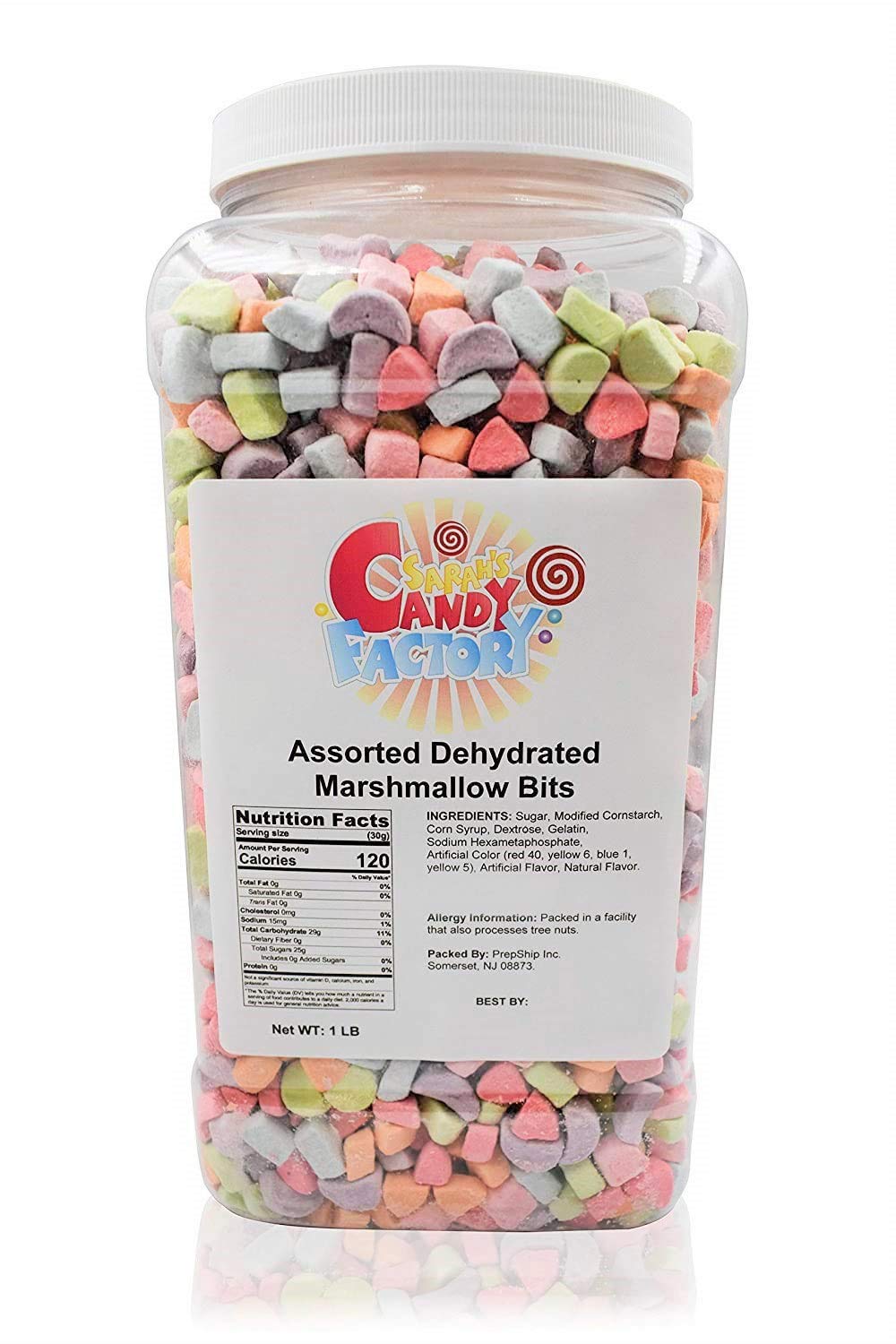 Sarah's Candy Factory assorted dehydrated marshmallow bits in jar for colorful cereal toppings