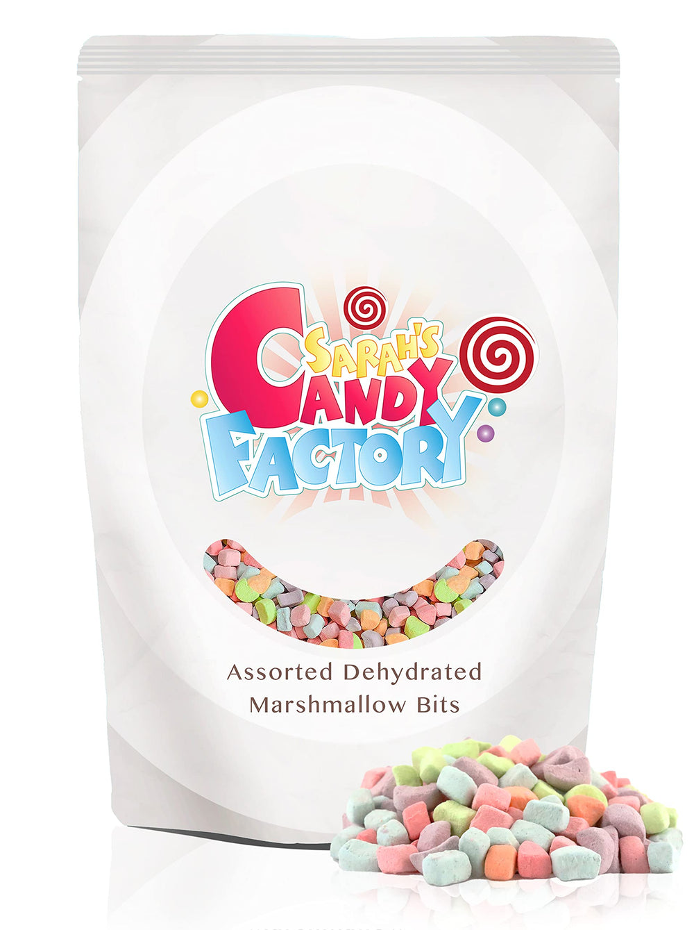 Sarah's Candy Factory assorted dehydrated marshmallows in bright colors for toppings.