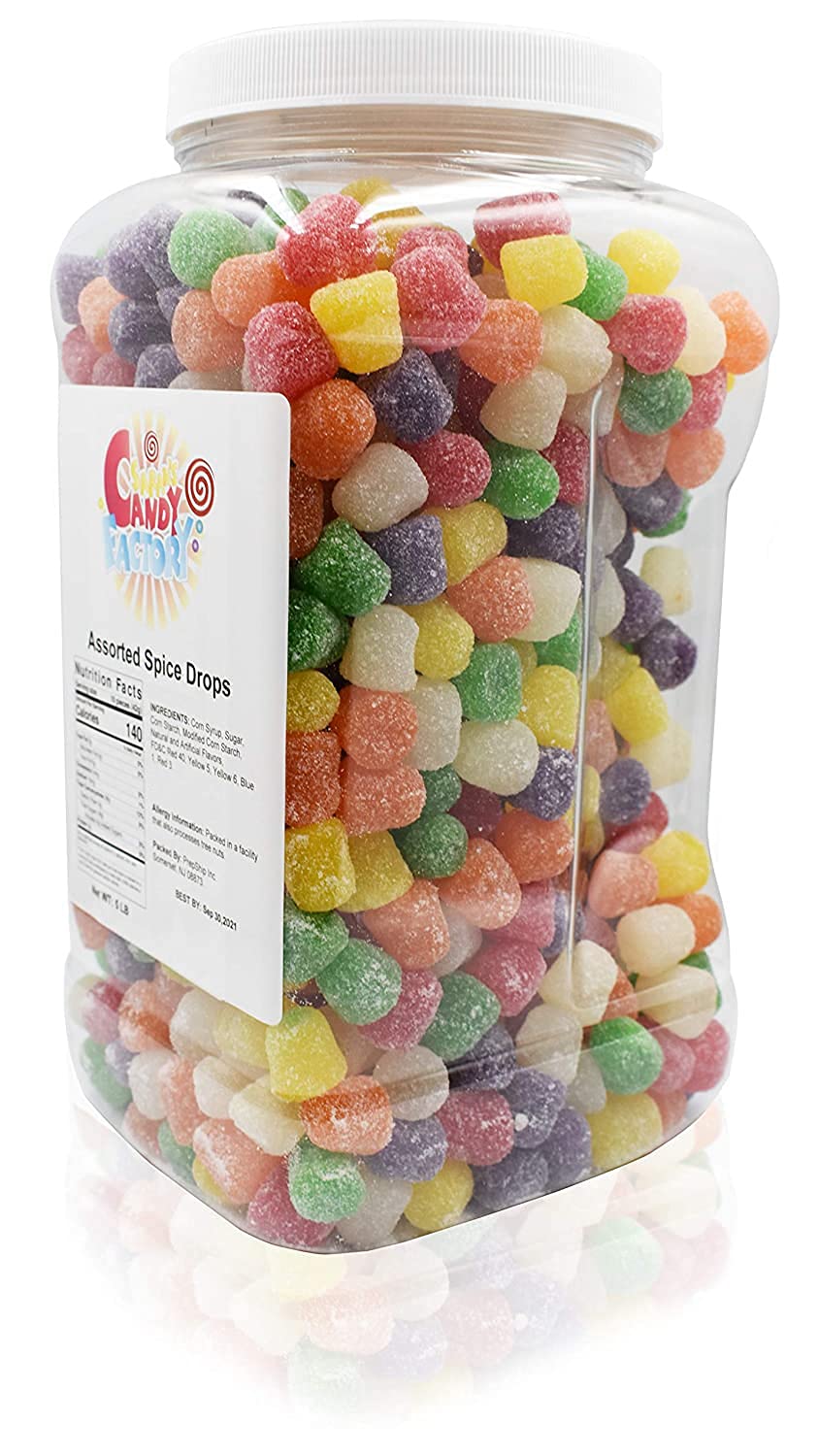 Sarah's Candy Factory assorted spice drops jar closeup, chewy texture hints at satisfying snack.