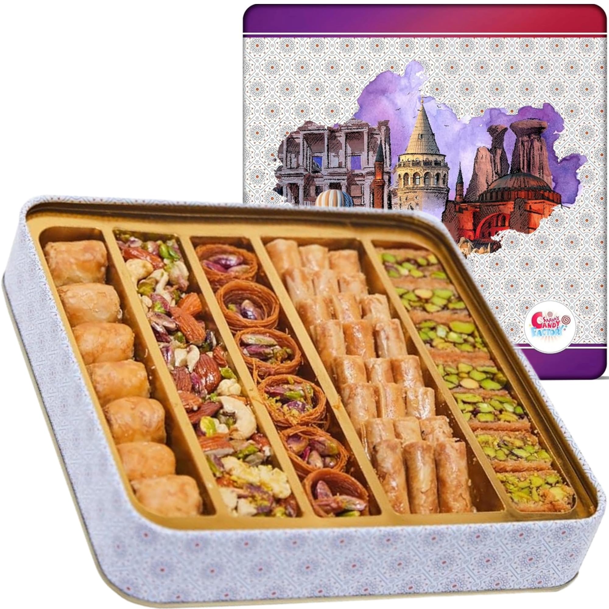 Sarah's Candy Factory baklava gift box front view, ideal for gifting occasions.