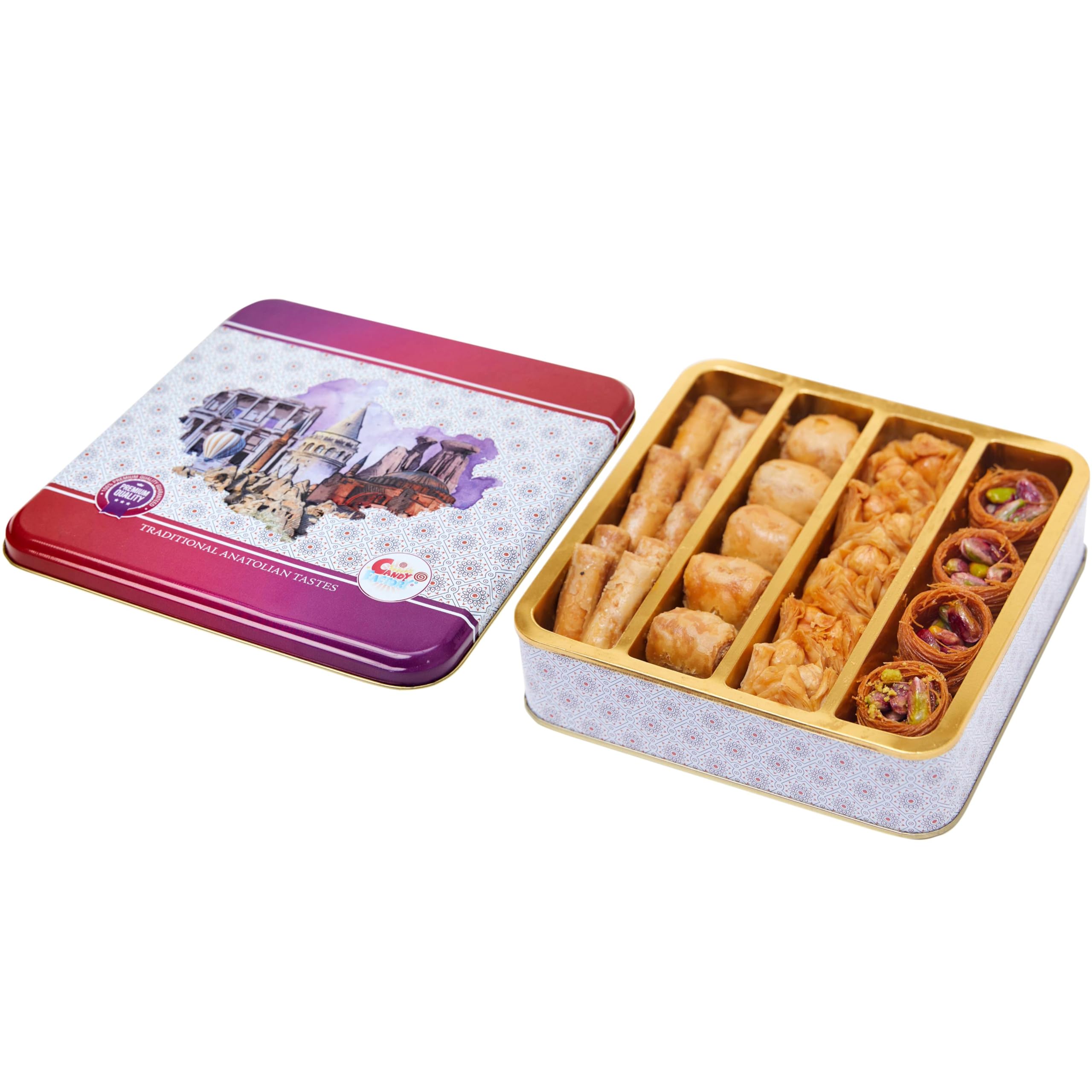 Elegant metal box packaging for baklava, ideal for gifting.