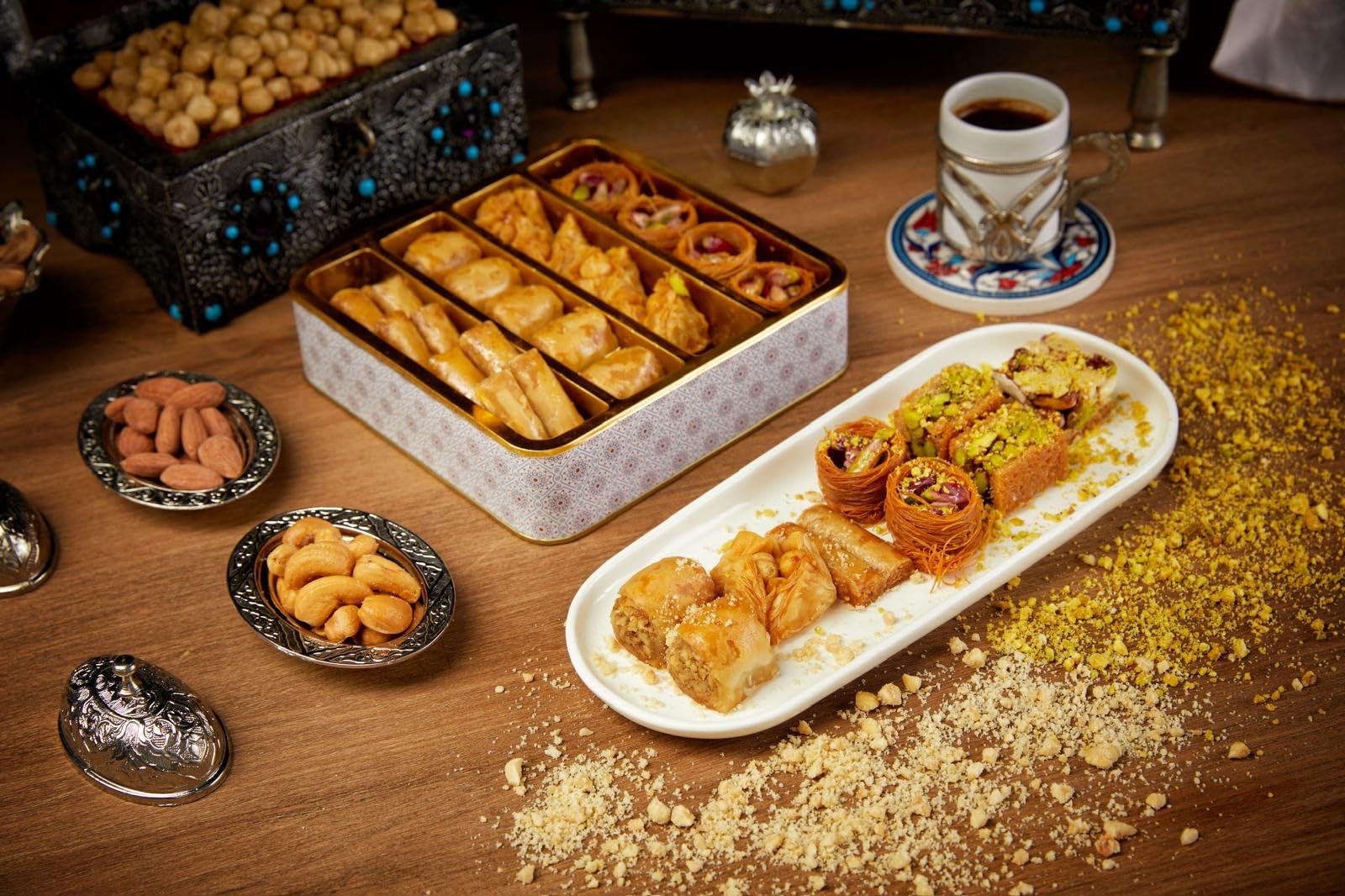 Baklava stored in a cool, dry place without refrigeration needed.