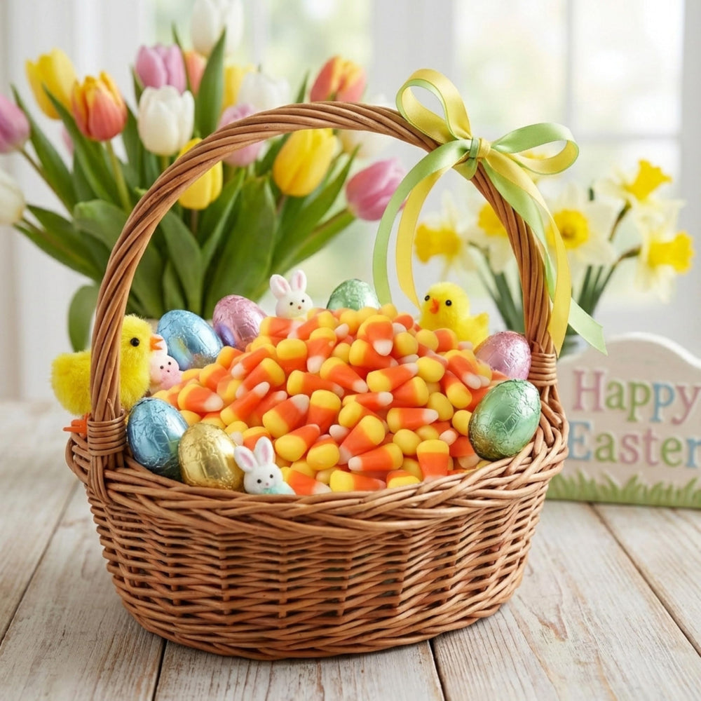 Sarah's Candy Factory candy corn jar holiday setup for celebrations.