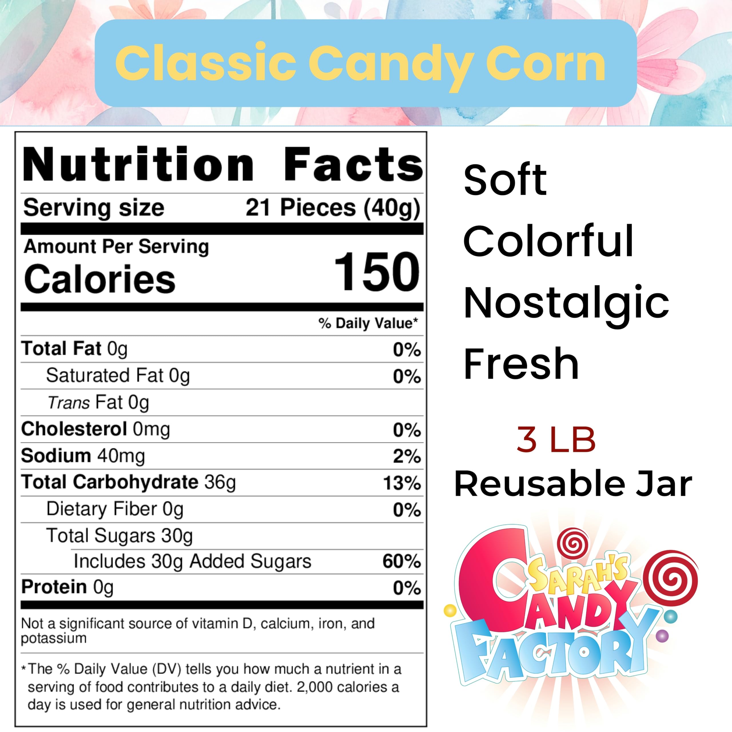 Sarah's Candy Factory candy corn jar closeup texture reveals chewy wedges.