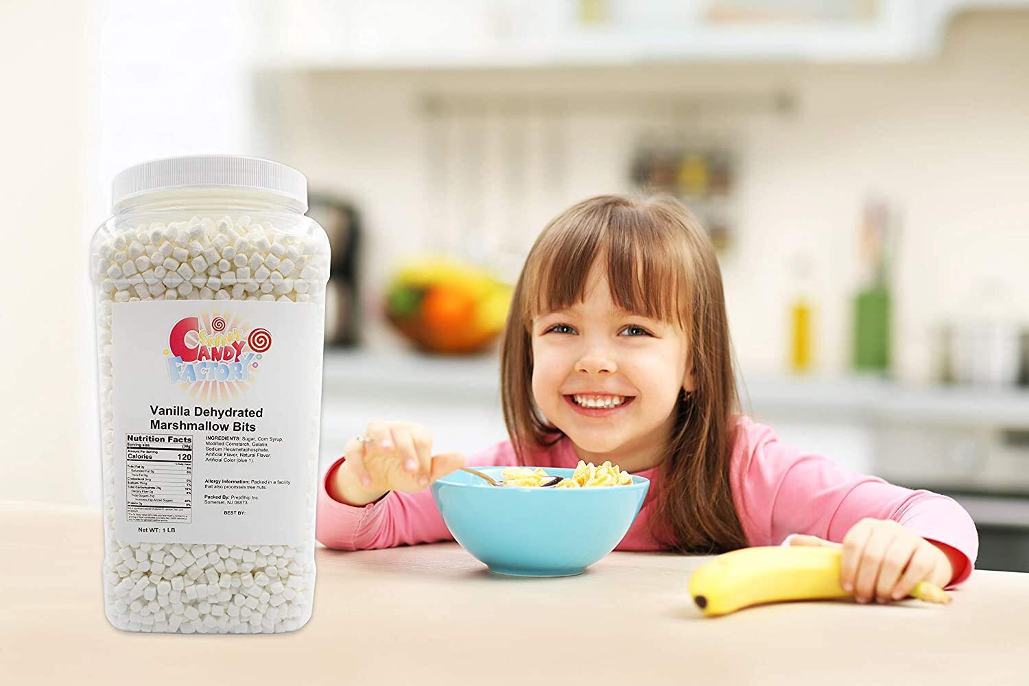 Sarah's Candy Factory vanilla mini marshmallows topping cereal with a sweet crunch.
