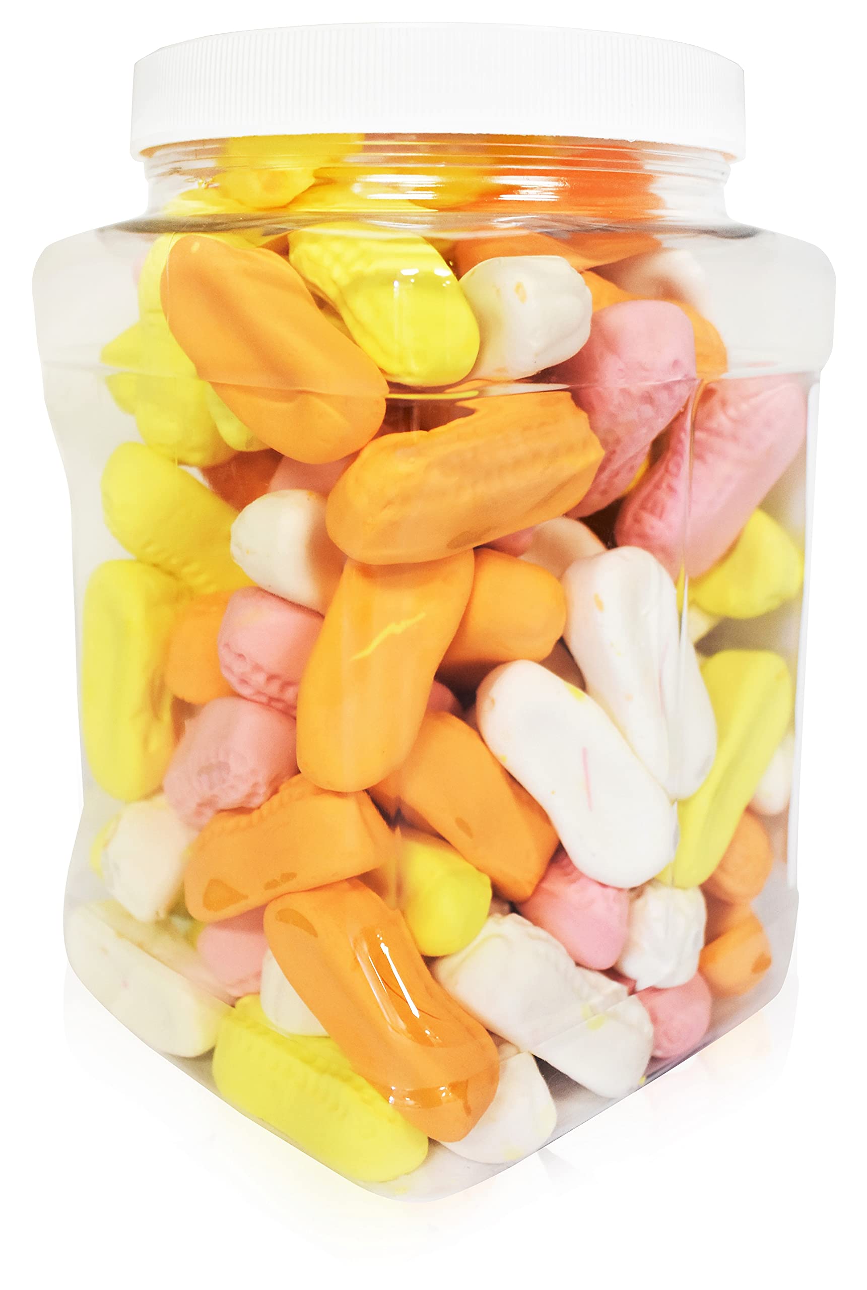 Bulk-friendly packaging pose highlighting value and easy storage of circus peanuts in a jar.