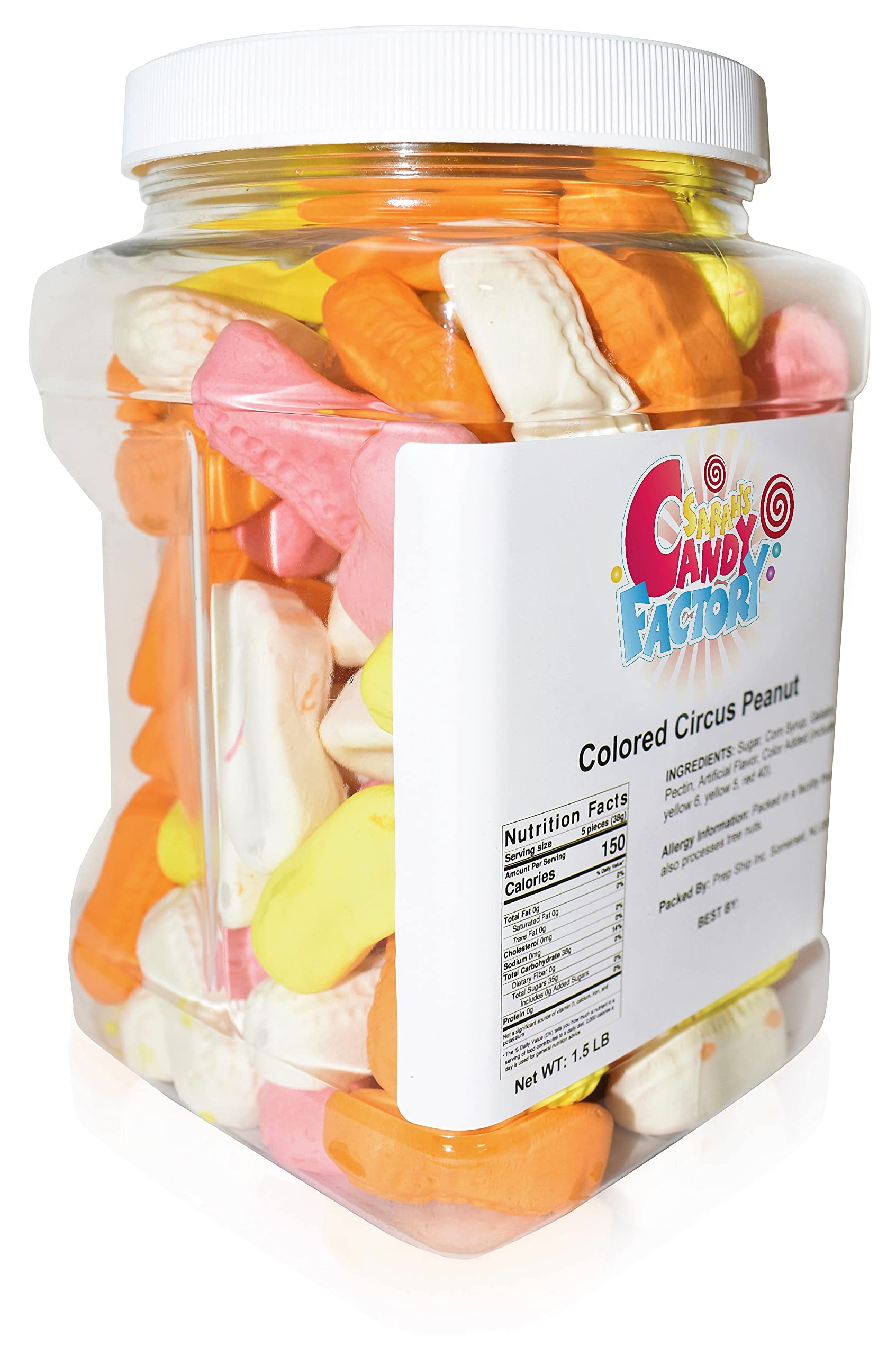 Closeup of colorful circus peanuts highlighting chewy texture and retro appeal from Sarah's Candy Factory.