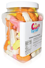 Closeup of colorful circus peanuts highlighting chewy texture and retro appeal from Sarah's Candy Factory.