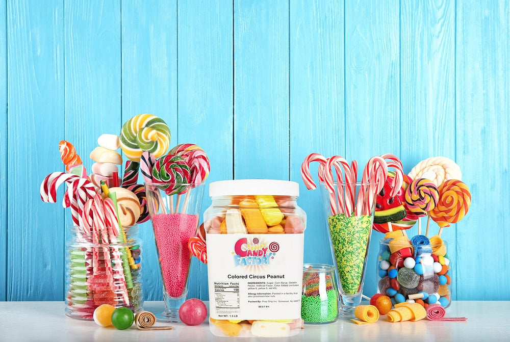 Bright circus peanuts in a jar emphasize old-fashioned flavors ideal for gatherings.
