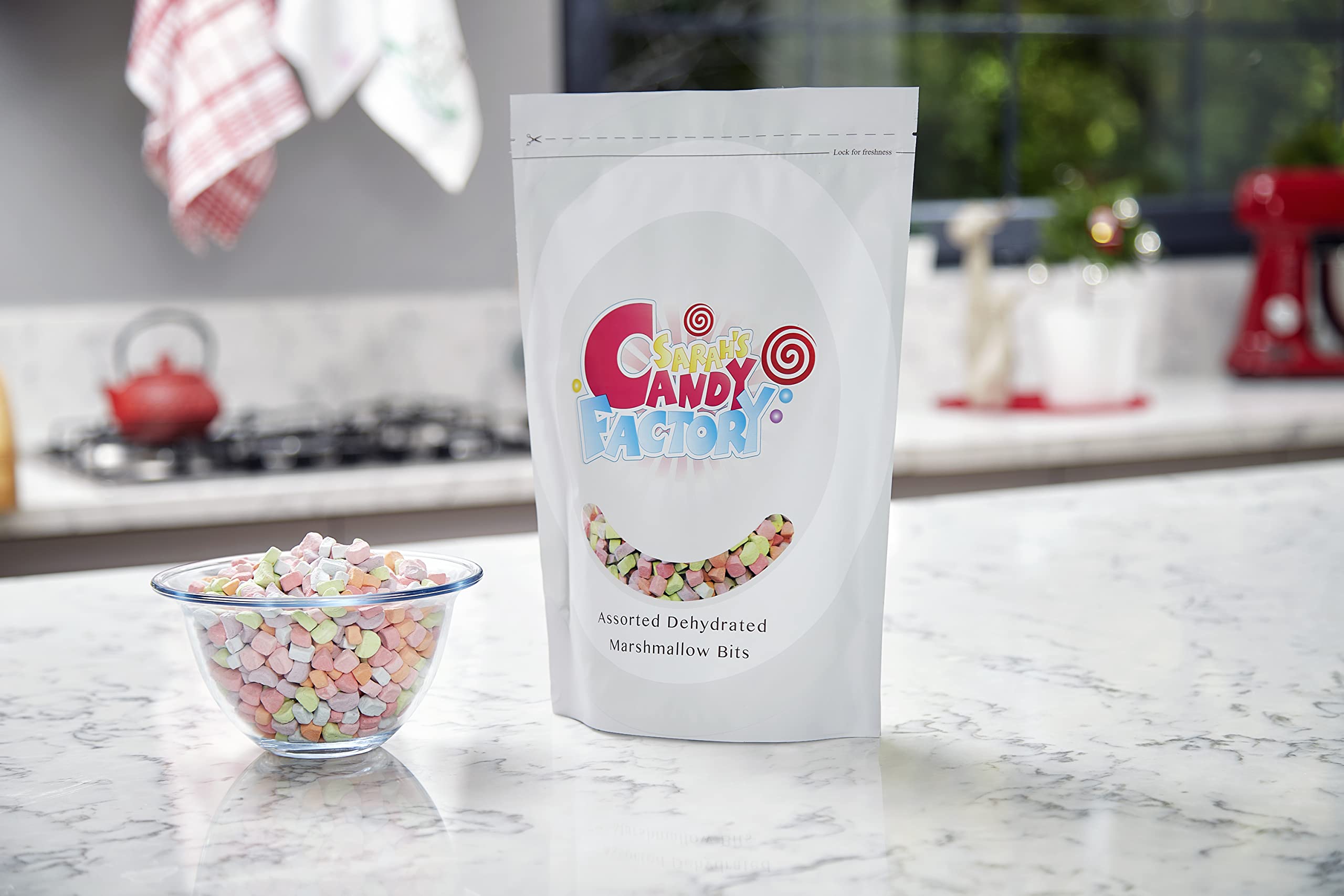 Sarah's Candy Factory dehydrated marshmallows used as cereal toppings.