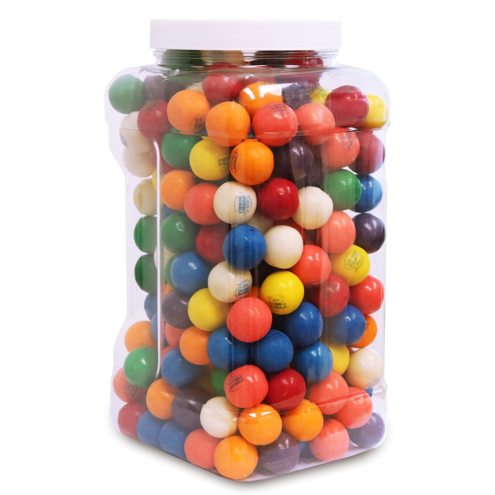 Sarah's Candy Factory gumballs in a 4.5 lb clear jar with assorted colors.
