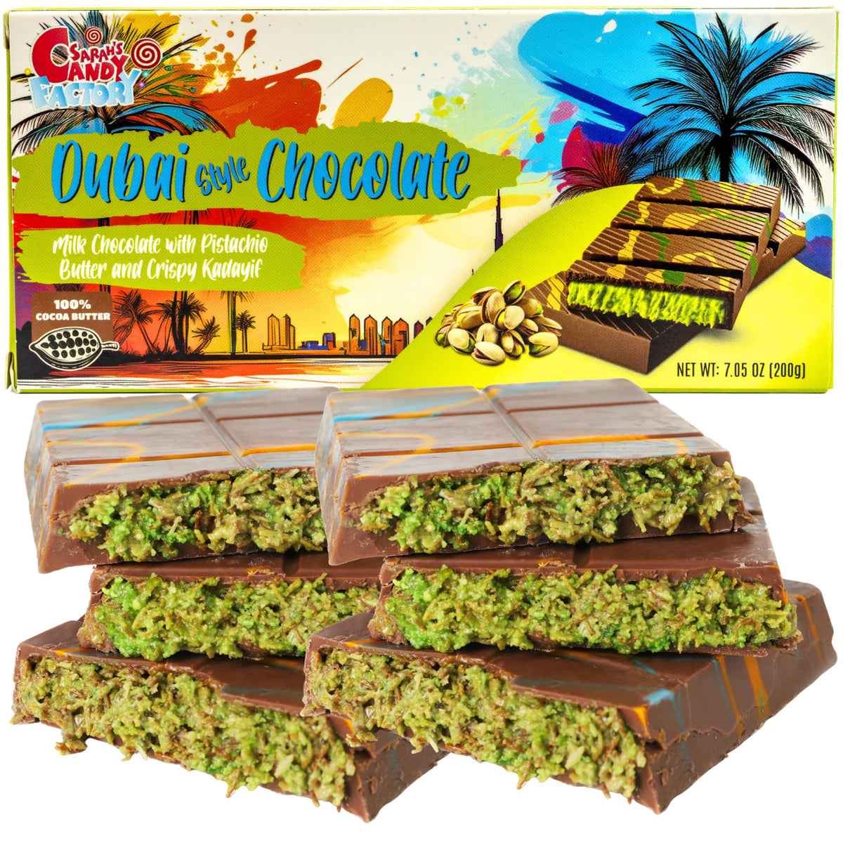 Sarah's Candy Factory luxury Dubai-style chocolate bar packaging highlights premium gift appeal.