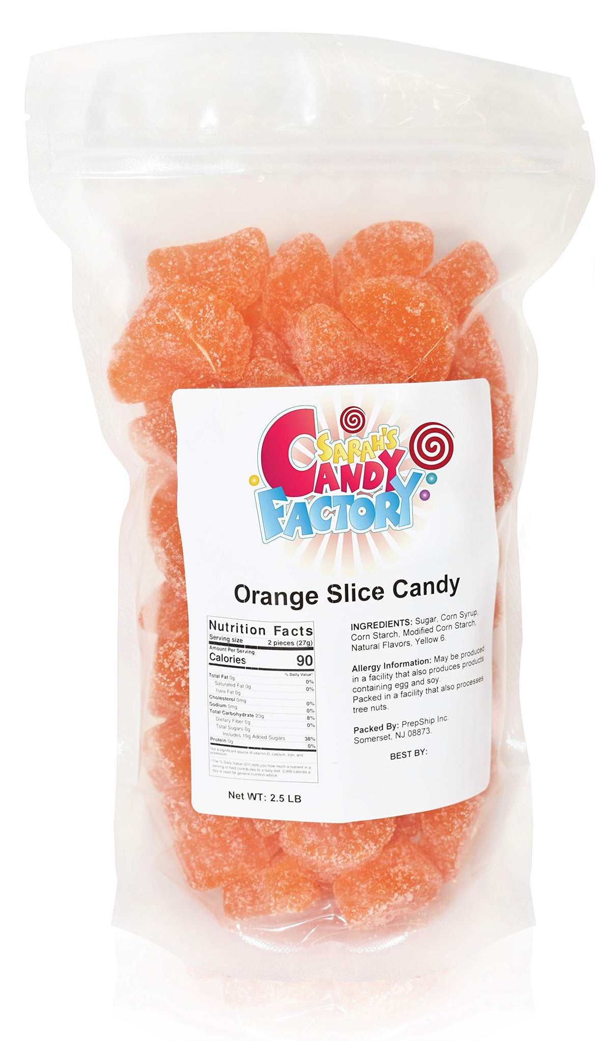 Sarah's Candy Factory orange slice candy jar close-up for fresh, shareable treats at gatherings.