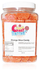 Sarah's Candy Factory orange slice candy jar shows chewy, bite-size citrus pieces for sharing.