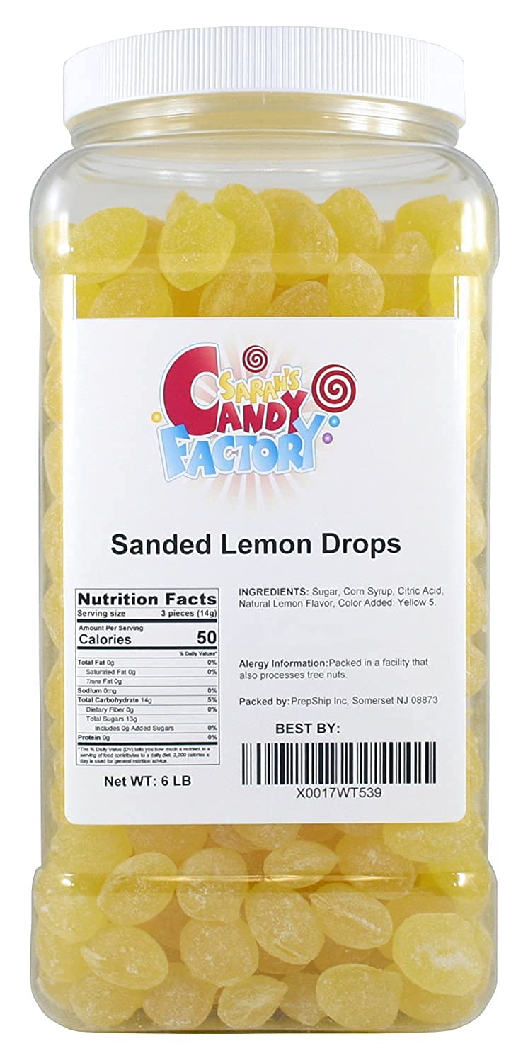 Sarah's Candy Factory sanded lemon drops jar front view for easy snacking