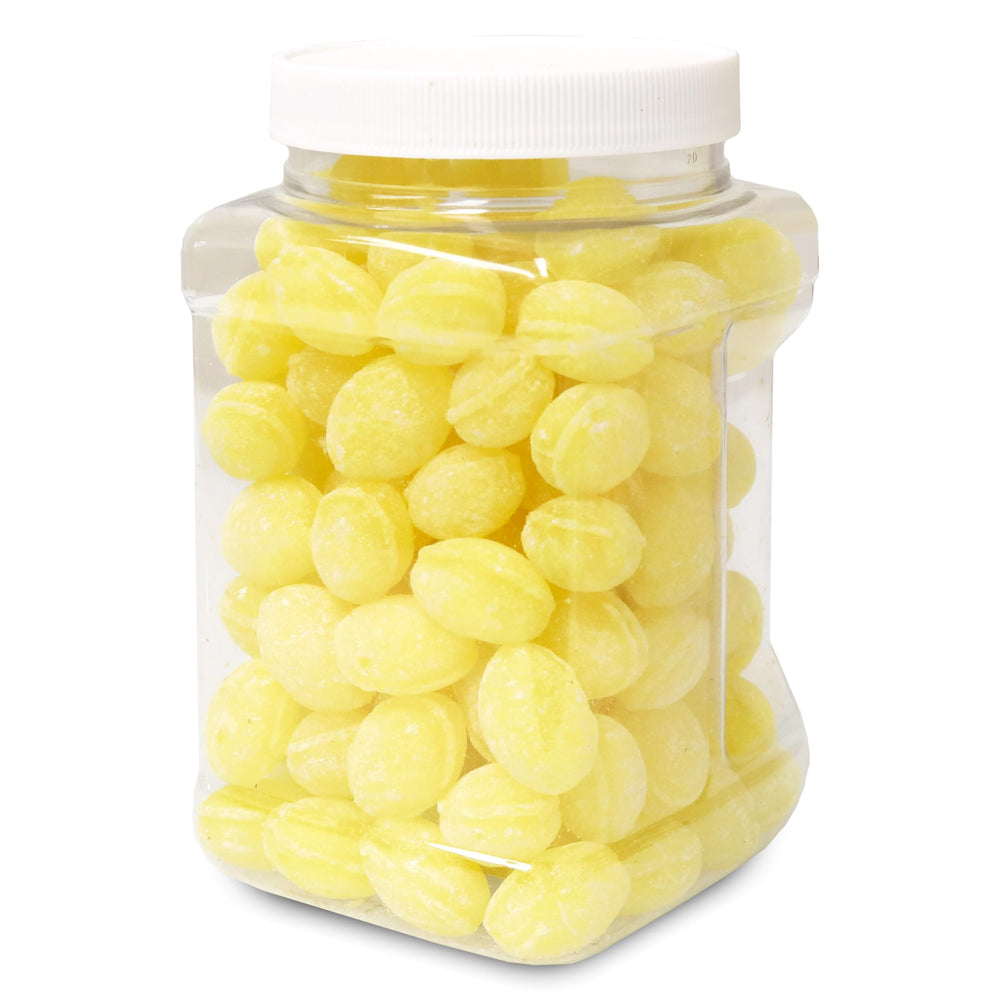 Sarah's Candy Factory Sanded Lemon Drops jar on desk, ideal after meals.