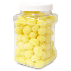 Sarah's Candy Factory Sanded Lemon Drops jar on desk, ideal after meals.