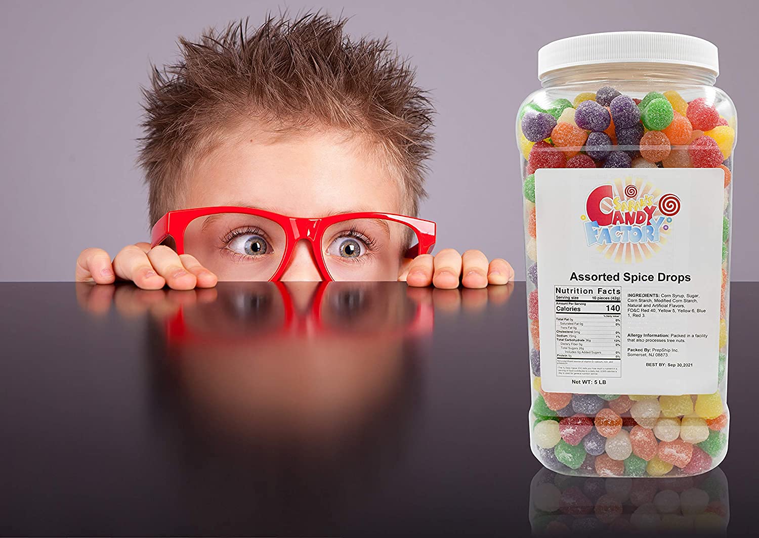 Sarah's Candy Factory spice drops jar label, showcasing 5-pound bulk option for parties.