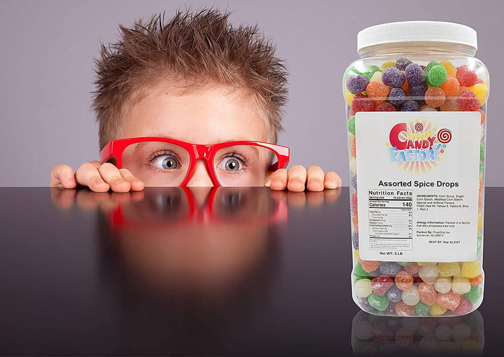 Sarah's Candy Factory spice drops jar label, showcasing 5-pound bulk option for parties.
