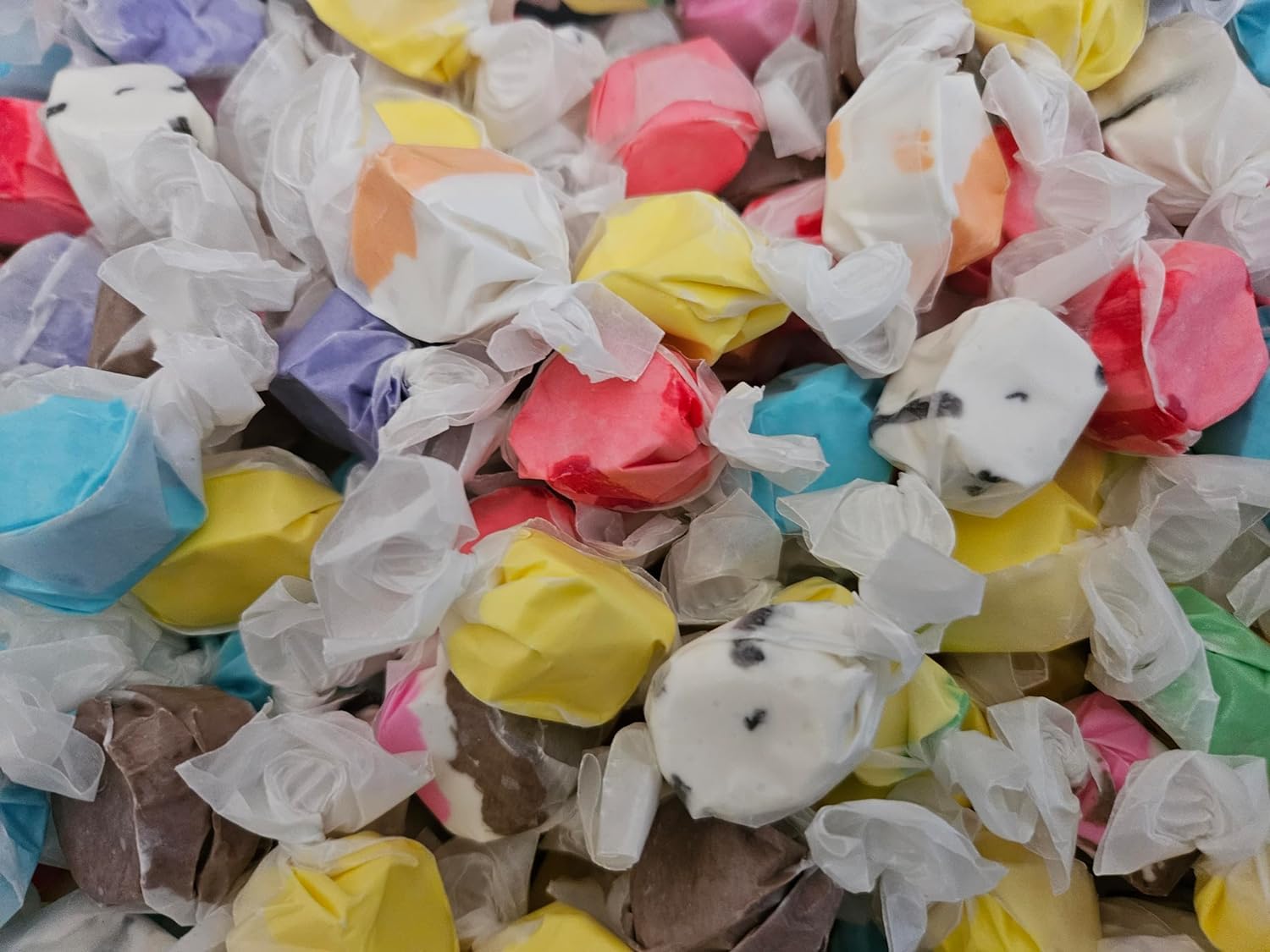 Individually wrapped taffy pieces in bright colors for sharing