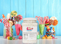 Sarah's Candy Factory vanilla mini dehydrated marshmallow bits topping hot cocoa in a mug