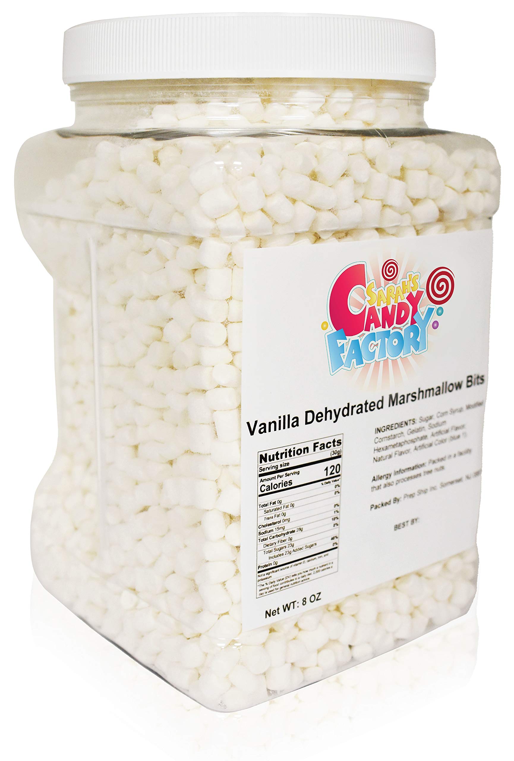 Sarah's Candy Factory vanilla mini dehydrated marshmallow bits jar closeup showing texture