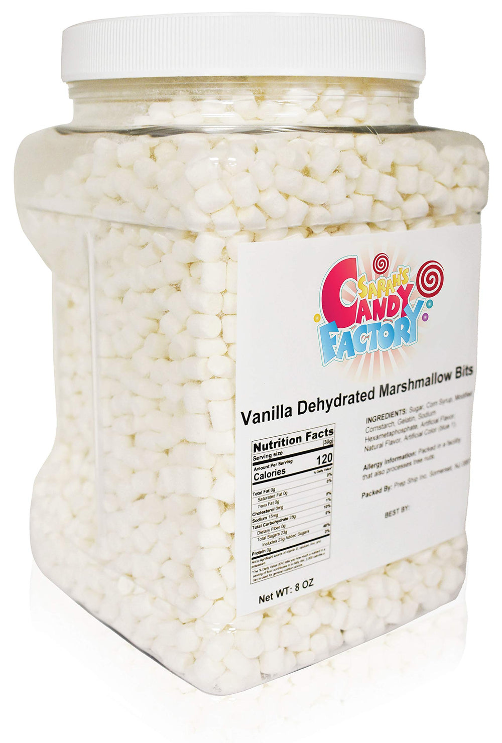 Sarah's Candy Factory vanilla mini dehydrated marshmallow bits jar closeup showing texture