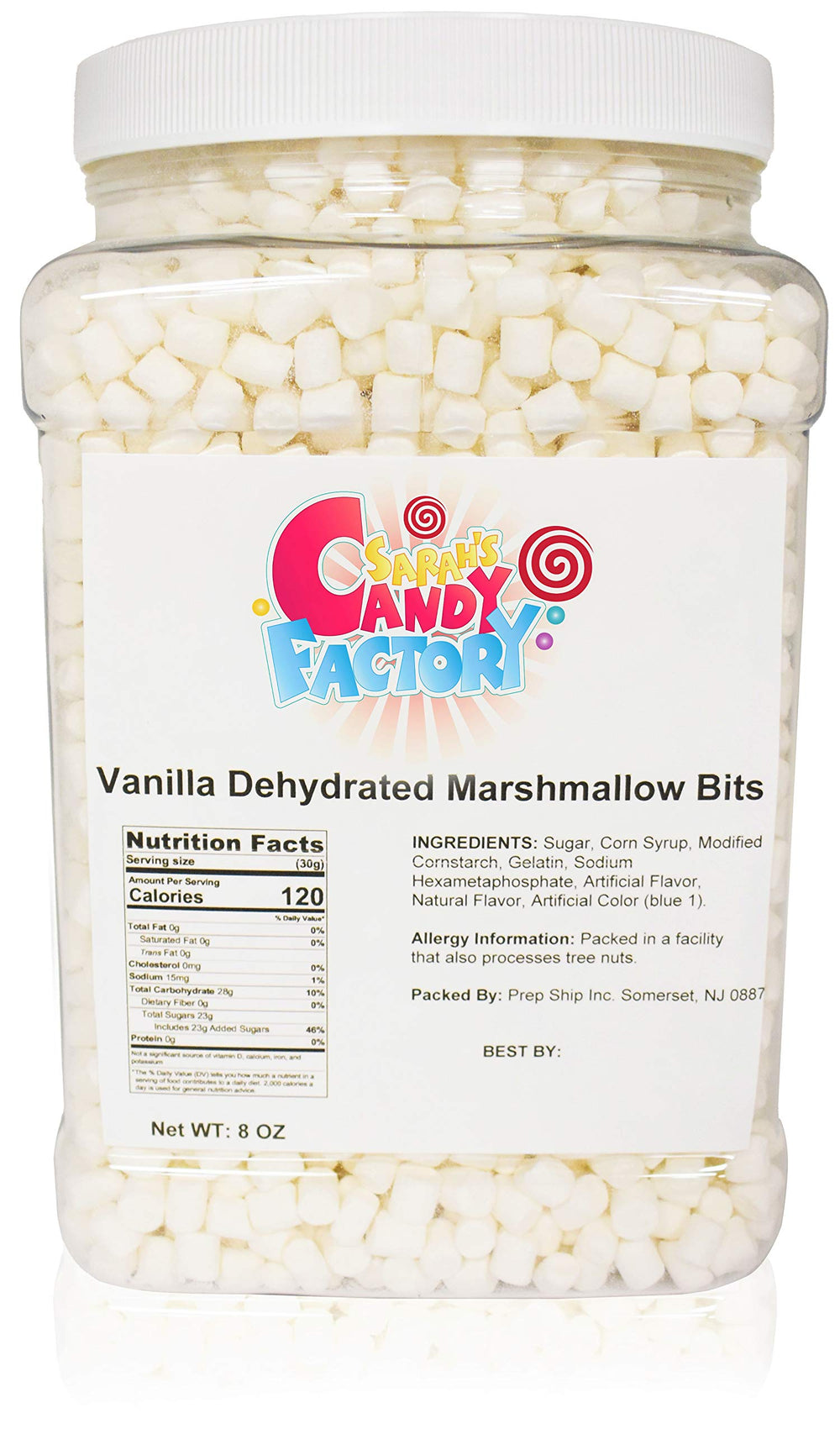 Sarah's Candy Factory vanilla mini dehydrated marshmallow bits jar front view, convenient topping for drinks