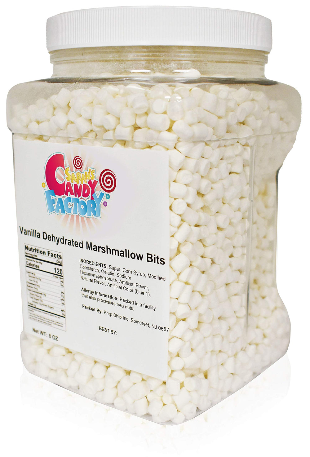 Sarah's Candy Factory vanilla mini dehydrated marshmallow bits jar on kitchen shelf