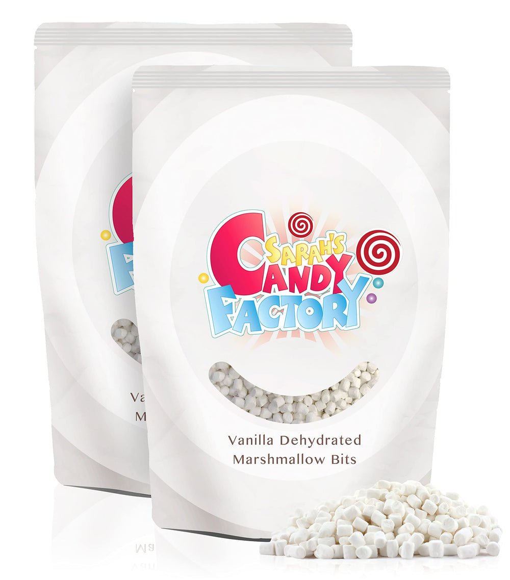 Sarah's Candy Factory vanilla mini dehydrated marshmallows in a 2 lb bag, resealable for freshness