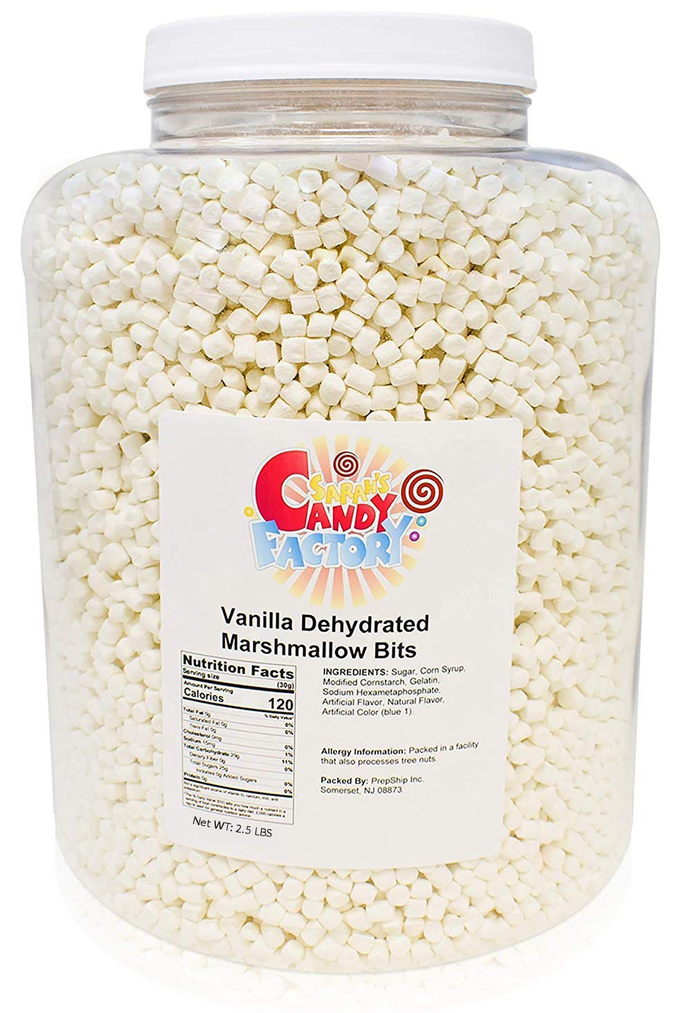 Sarah's Candy Factory vanilla mini dehydrated marshmallows jar front view for topping