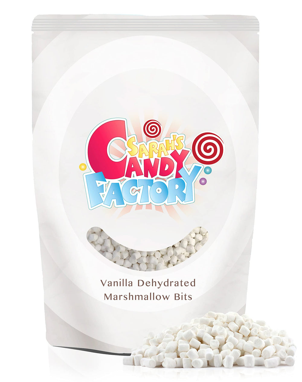 Sarah's Candy Factory vanilla mini marshmallow bits in resealable bag for easy topping