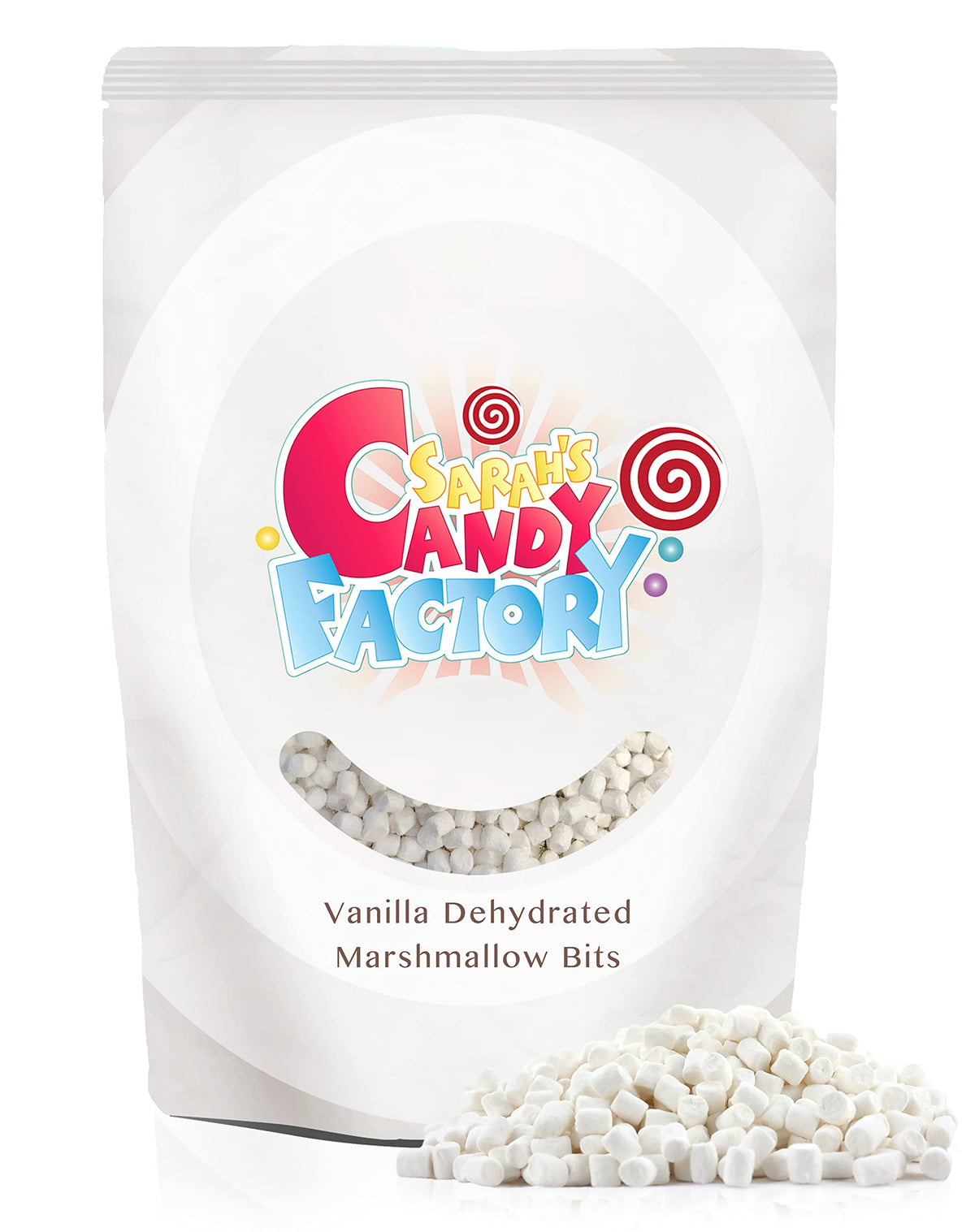 Sarah's Candy Factory vanilla mini marshmallow bits in resealable bag for easy topping