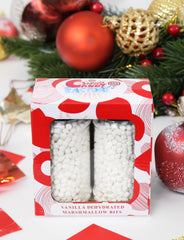 Sarah's Candy Factory vanilla mini marshmallows jar close-up, ideal for hot cocoa