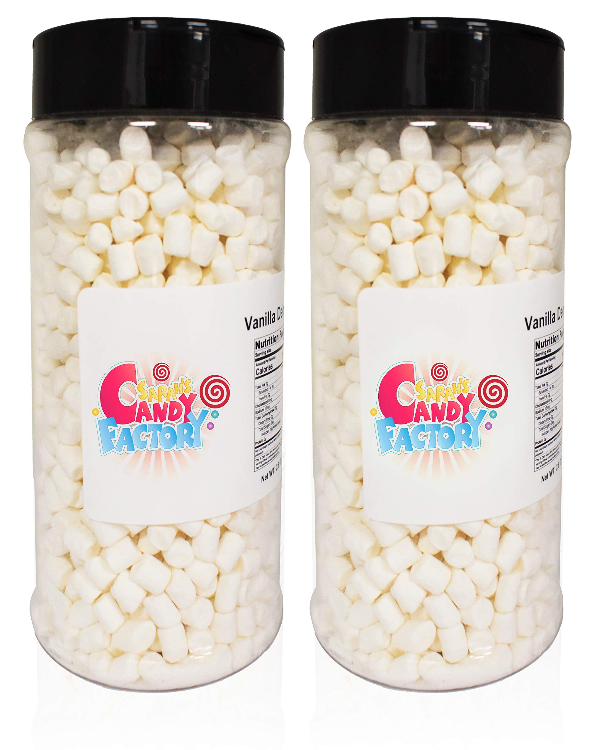 Sarah's Candy Factory jar of variety dehydrated marshmallow bits, front view for toppings