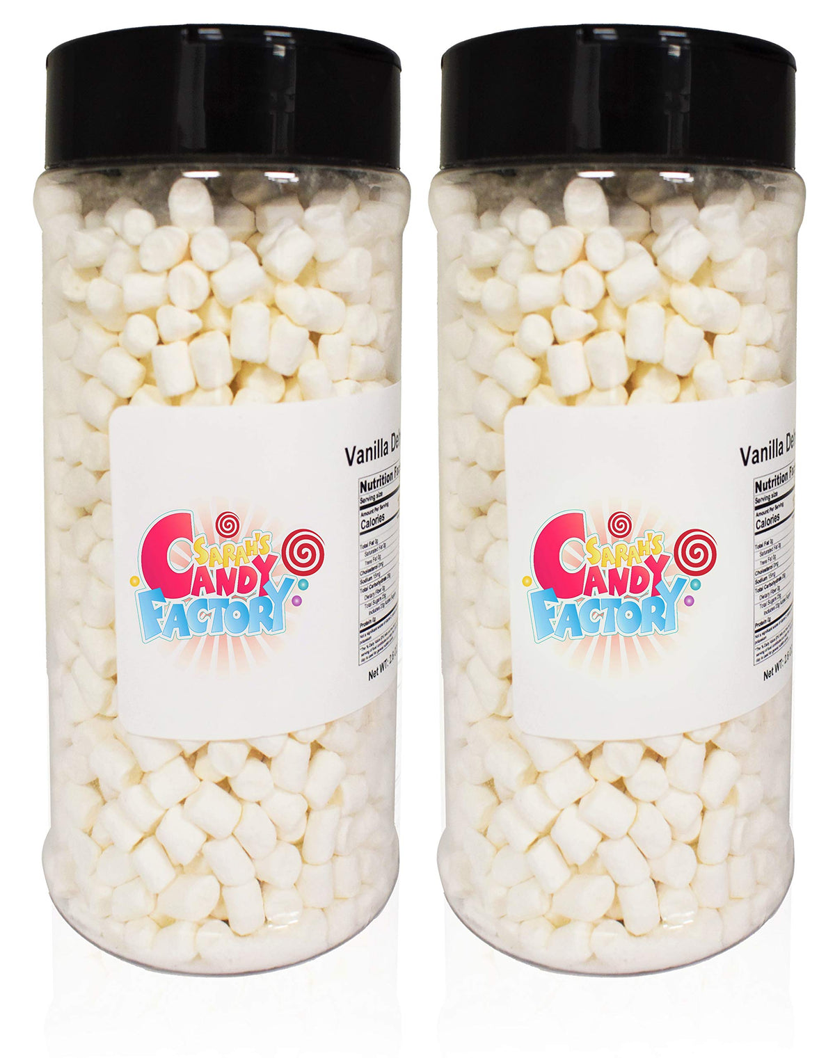 Sarah's Candy Factory jar of variety dehydrated marshmallow bits, front view for toppings