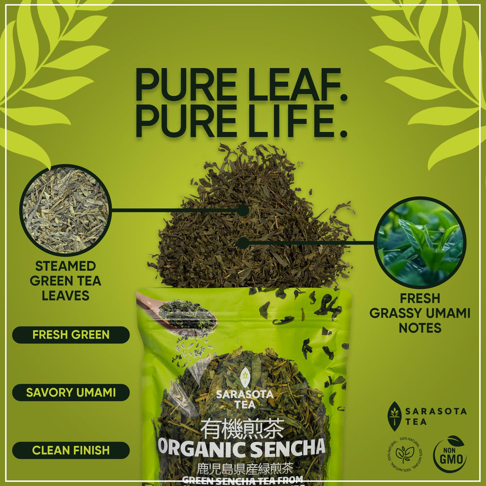 SARASOTA COFFEE & TEA CO. Delicate grassy aroma in a tea image.