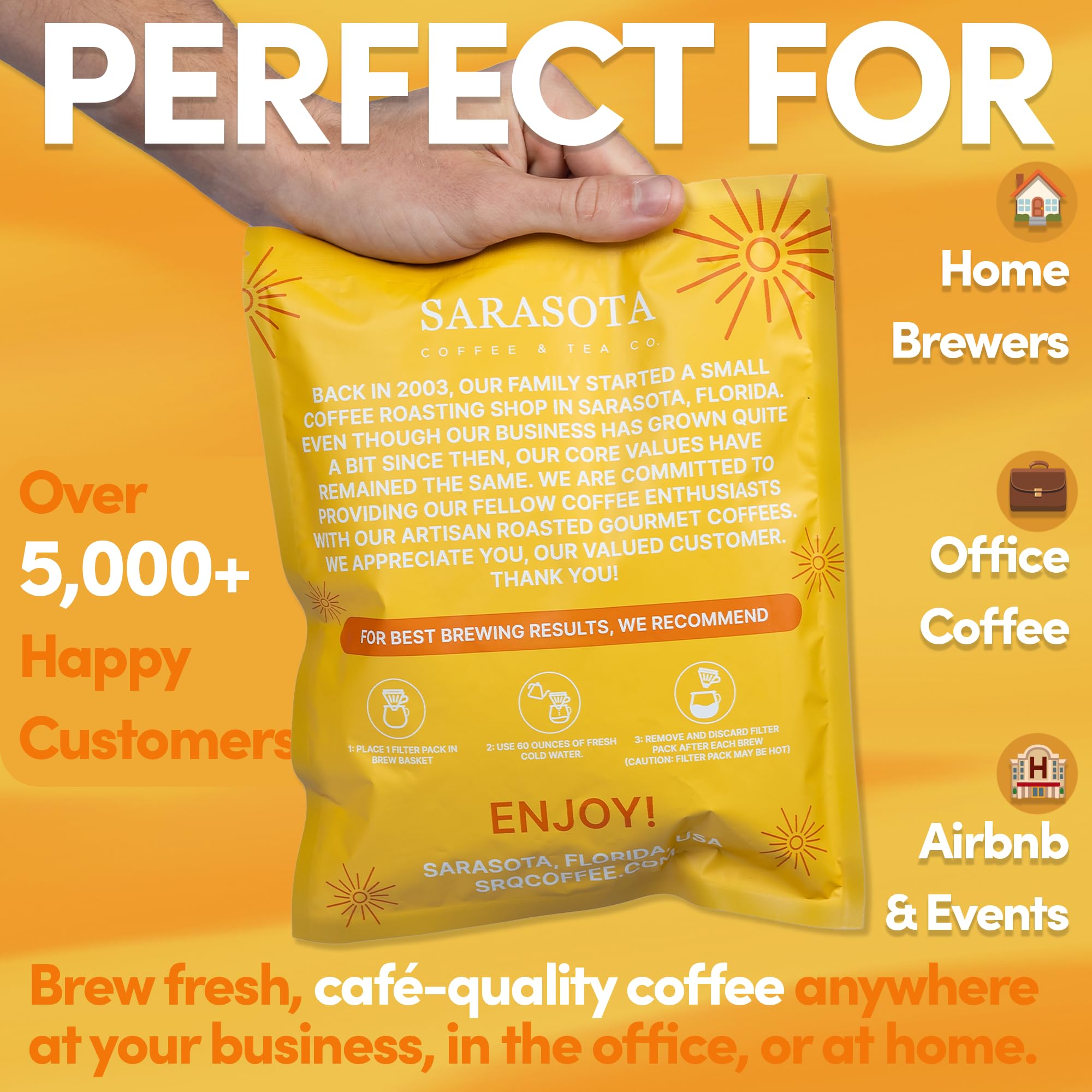 Sarasota ground coffee in filter packs glides into drip machines for easy brewing.