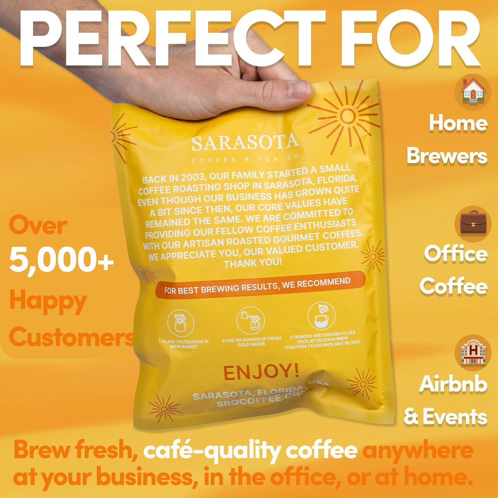 Sarasota ground coffee in filter packs glides into drip machines for easy brewing.