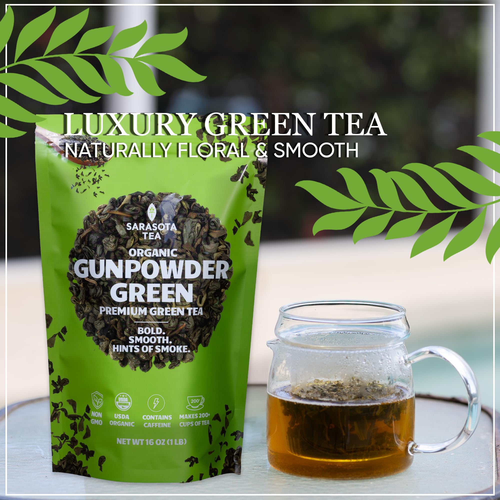 Sarasota Gunpowder Green Tea brew served as refreshing iced tea