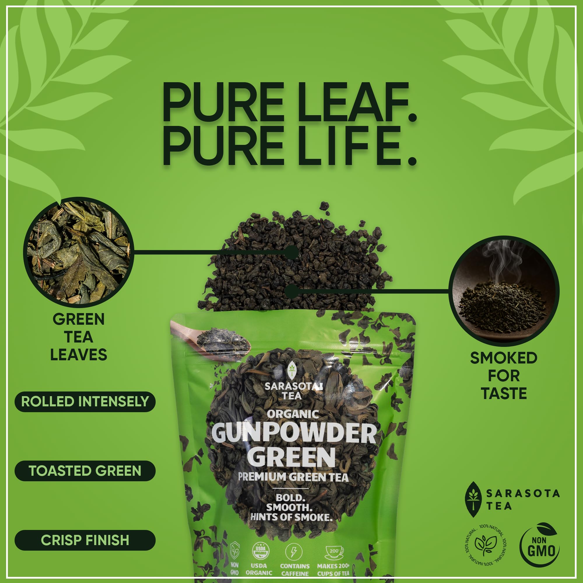 Sarasota Gunpowder Green Tea dry leaves on a wooden surface